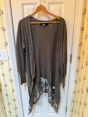 Blue Rain Army Green Open-Front Knit Cardigan with Lace-Trim Hem